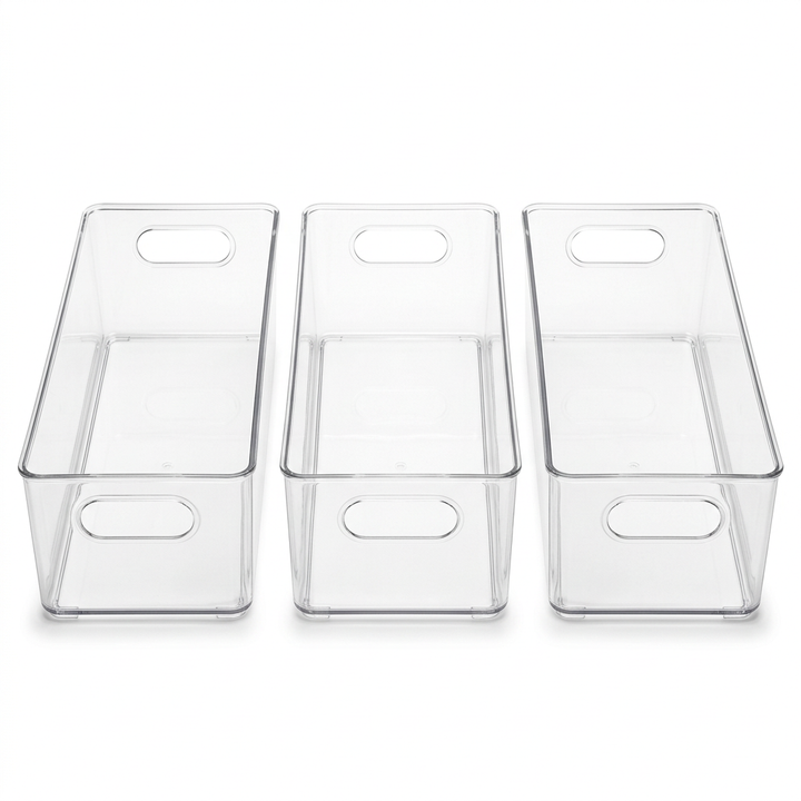 Three clear organizer bin concepts on white background