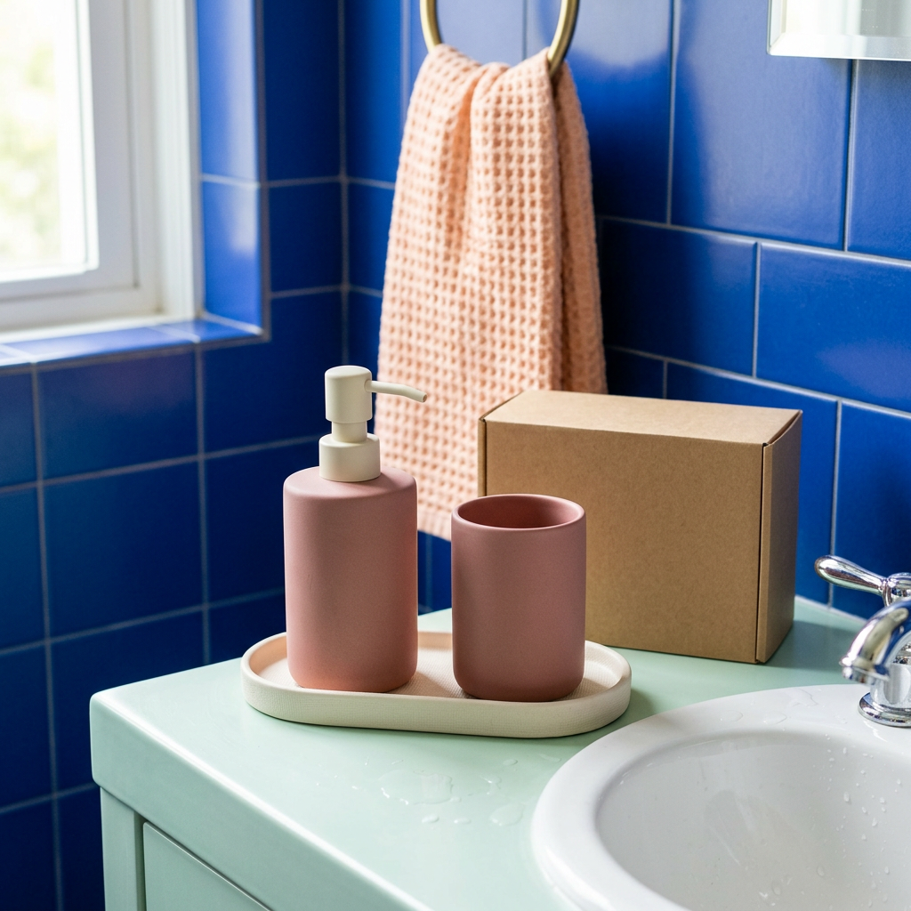 Dusty rose bathroom dispenser and cup concept on ivory tray with blank box