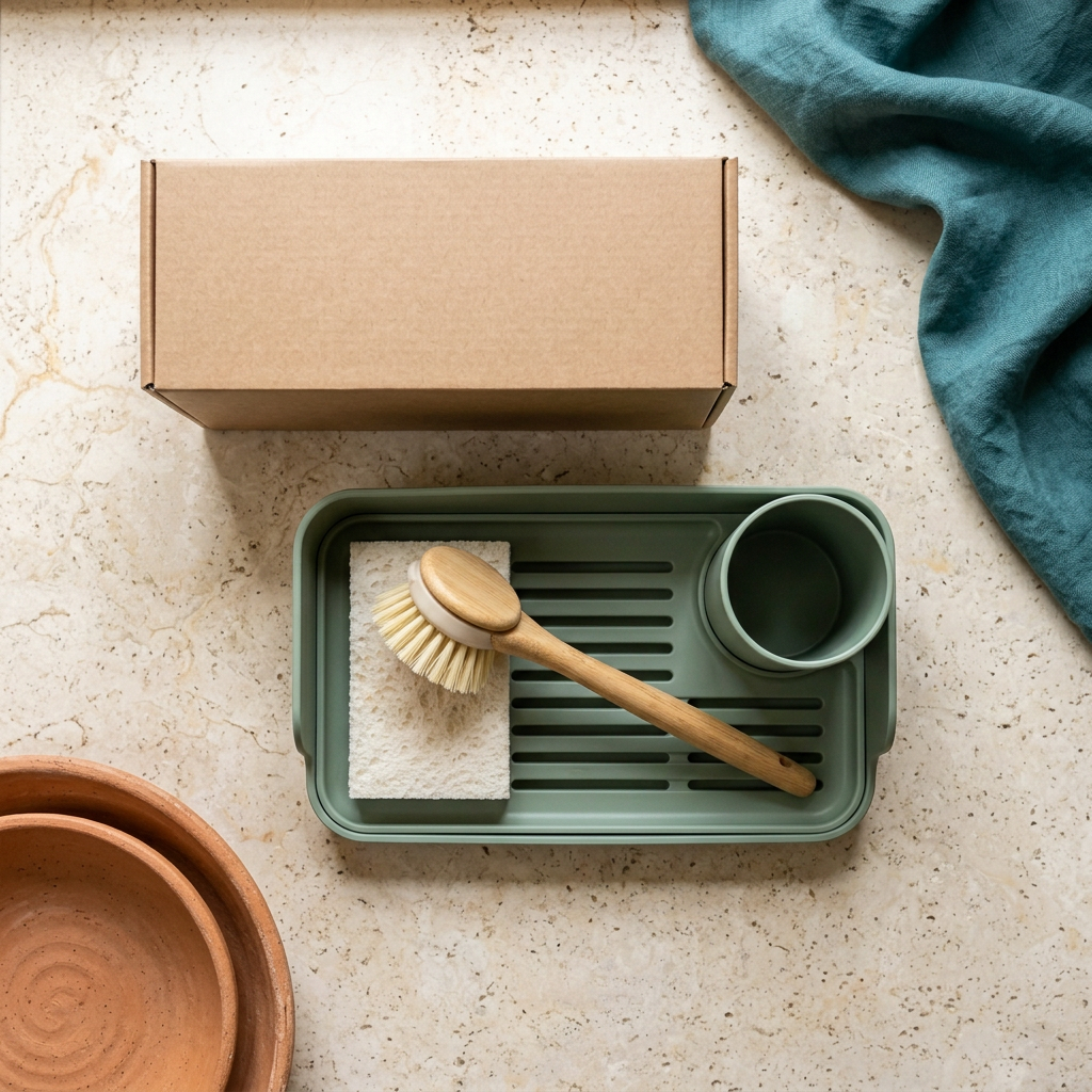 Overhead view of sage green sink organizer concept