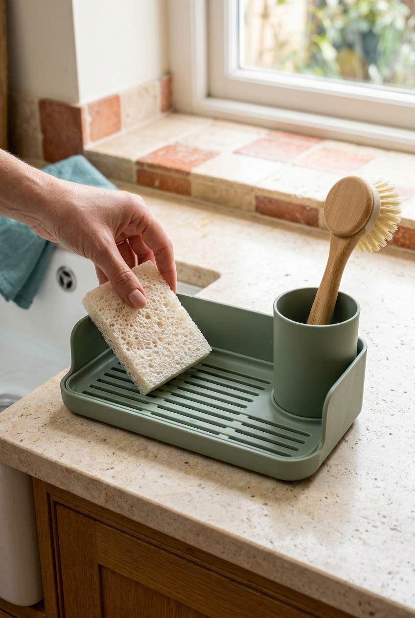 Hand returning a sponge to the sink caddy concept