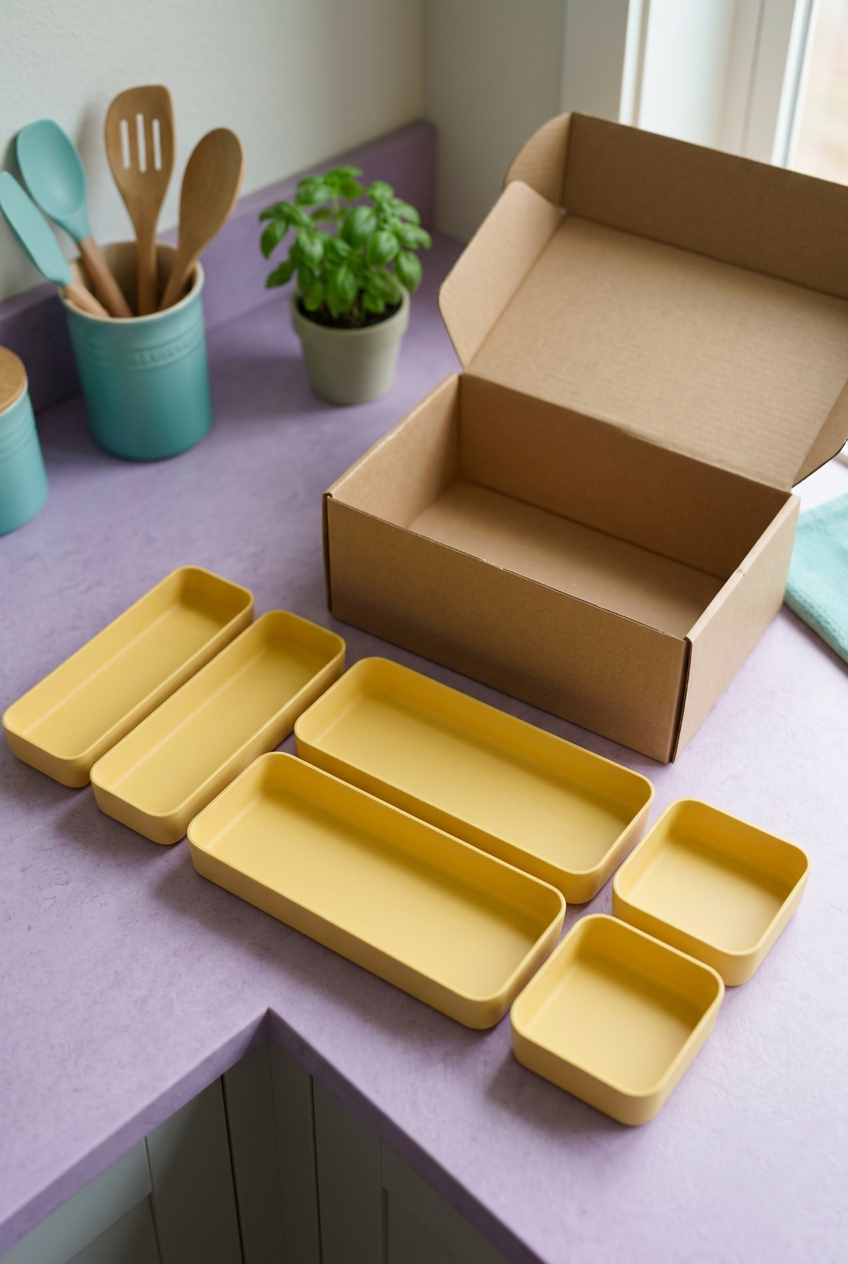 Yellow organizer tray set concept with unbranded packaging