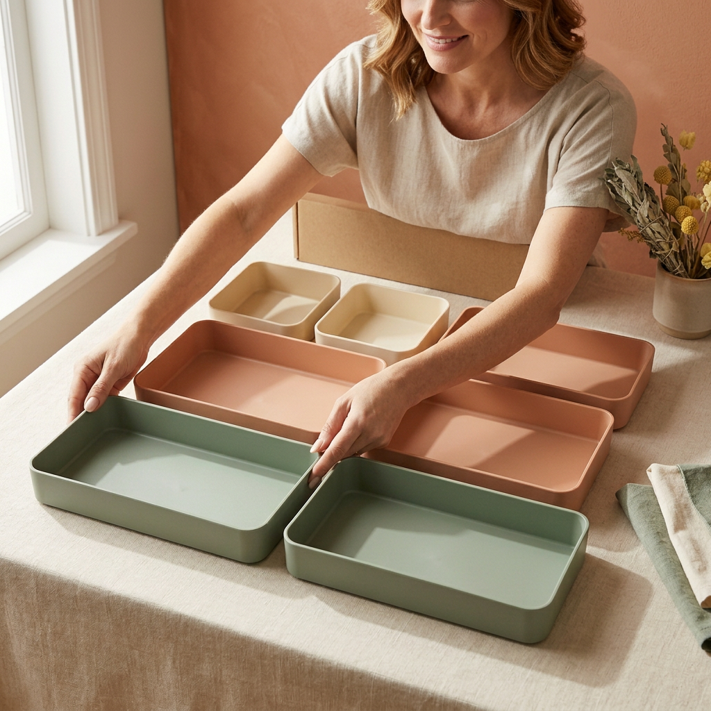Female lifestyle model holding the edges of a sage organizer tray on a tabletop