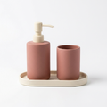 Rose and ivory bathroom accessory concept on white background