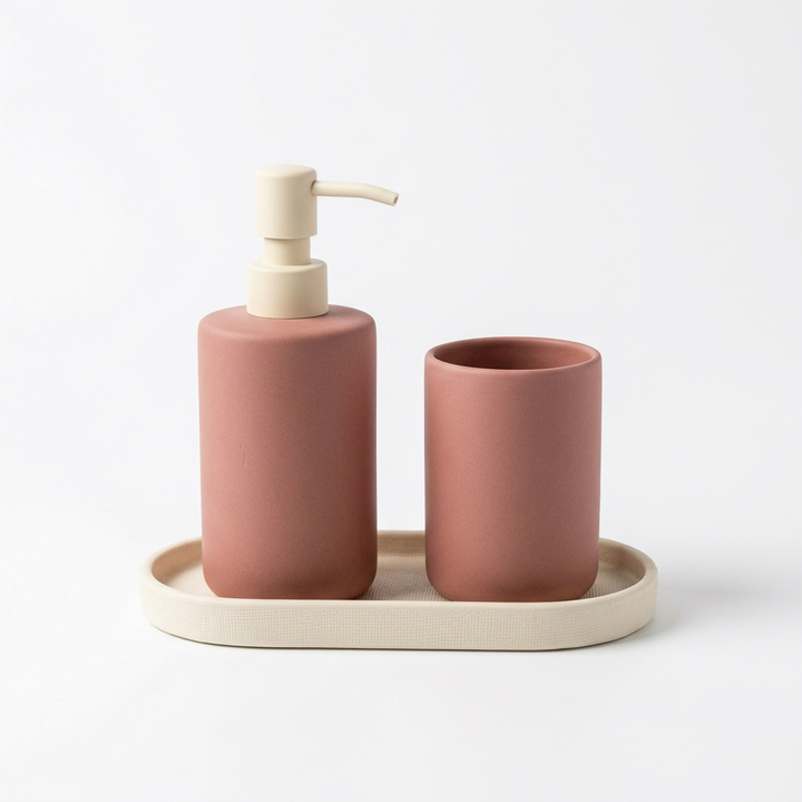Rose and ivory bathroom accessory concept on white background