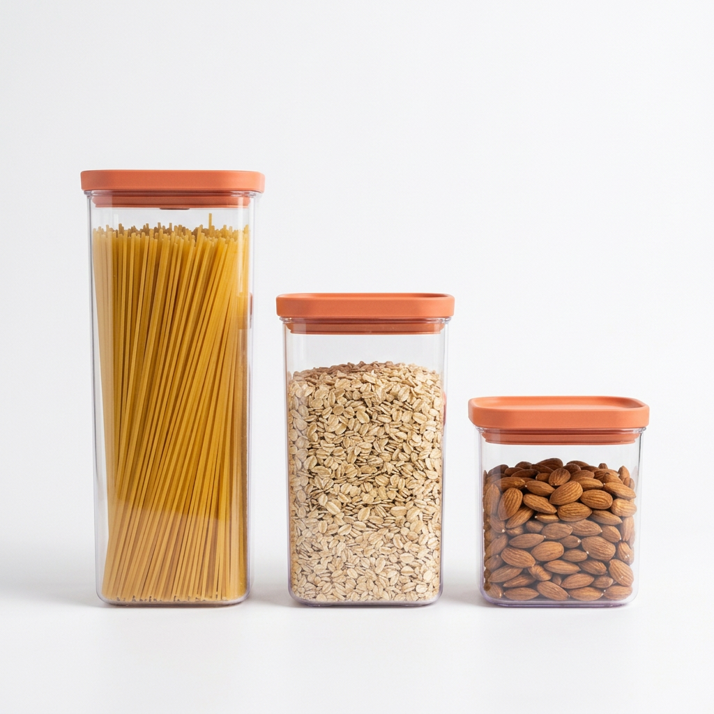 Three coral lid containers concept on white background