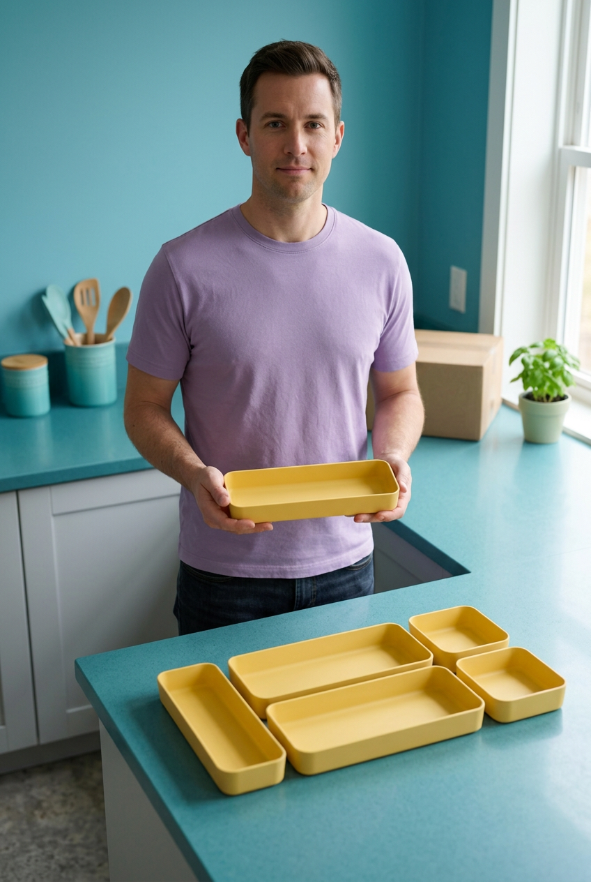 Male model holding yellow organizer tray concept