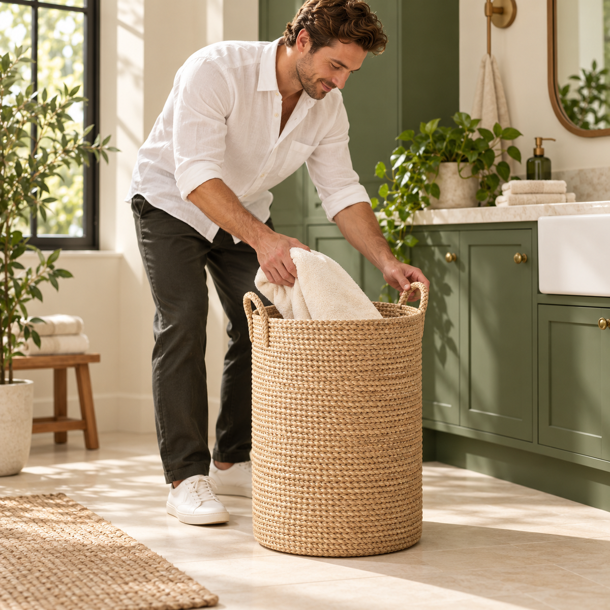 Everyday Laundry Hamper - AI concept male model placing laundry in hamper