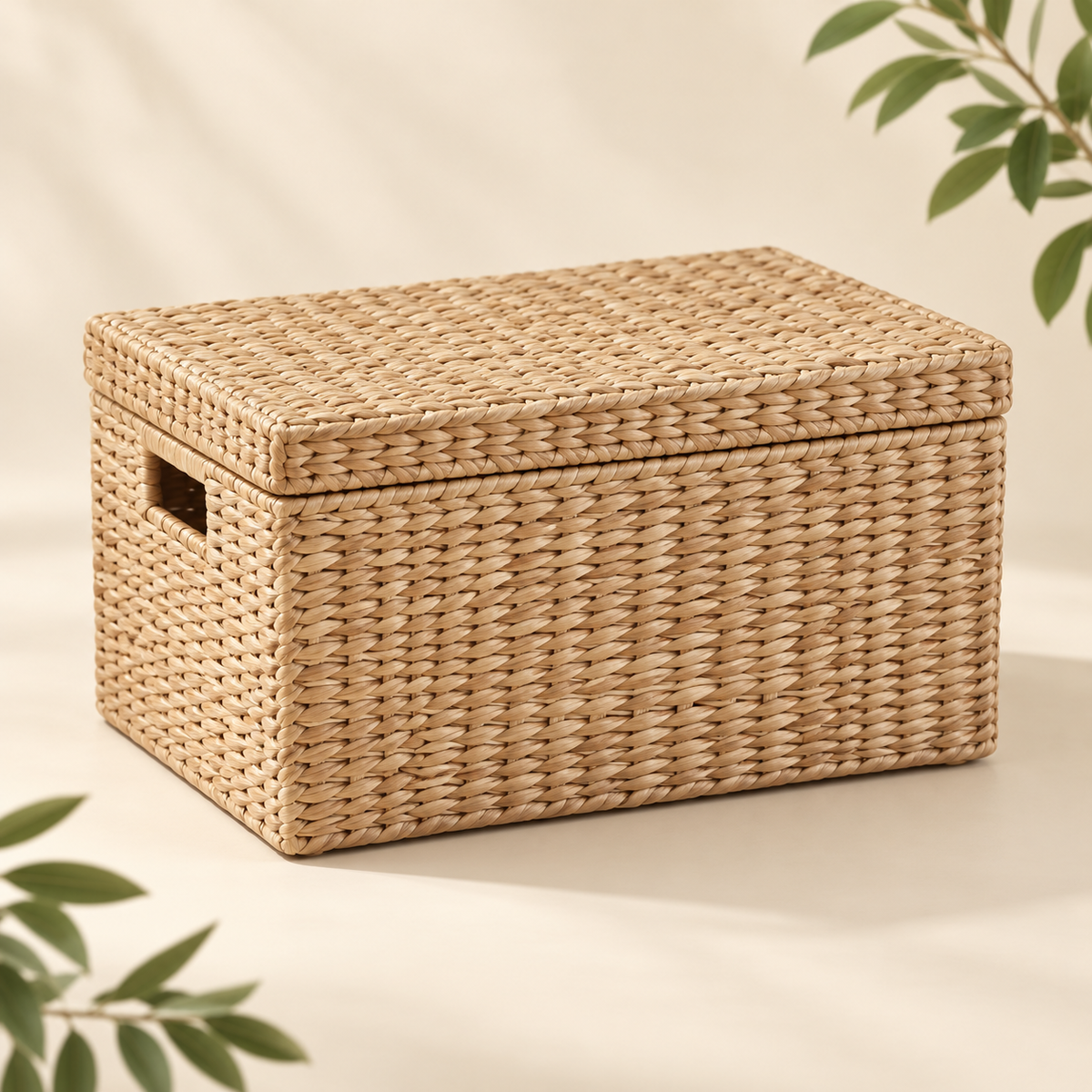 Lidded Storage Basket — AI concept, front three-quarter studio view