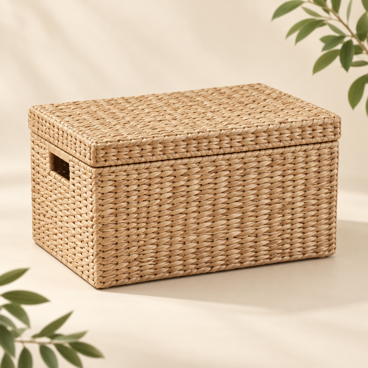 Lidded Storage Basket — AI concept, front three-quarter studio view