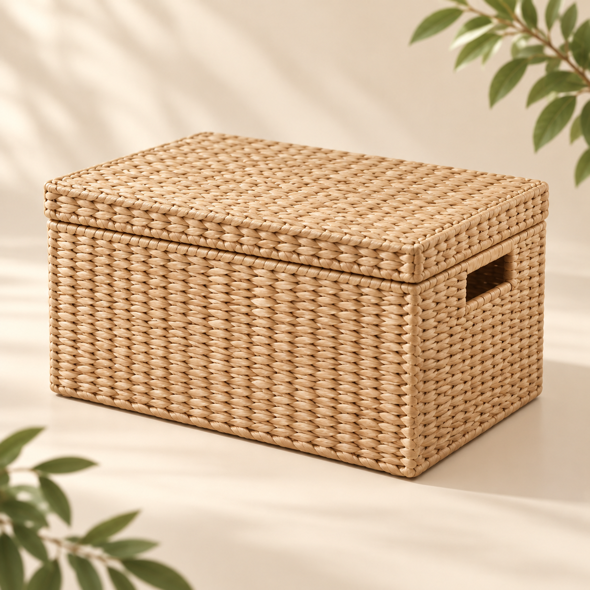 Lidded Storage Basket — AI concept, opposite three-quarter studio view