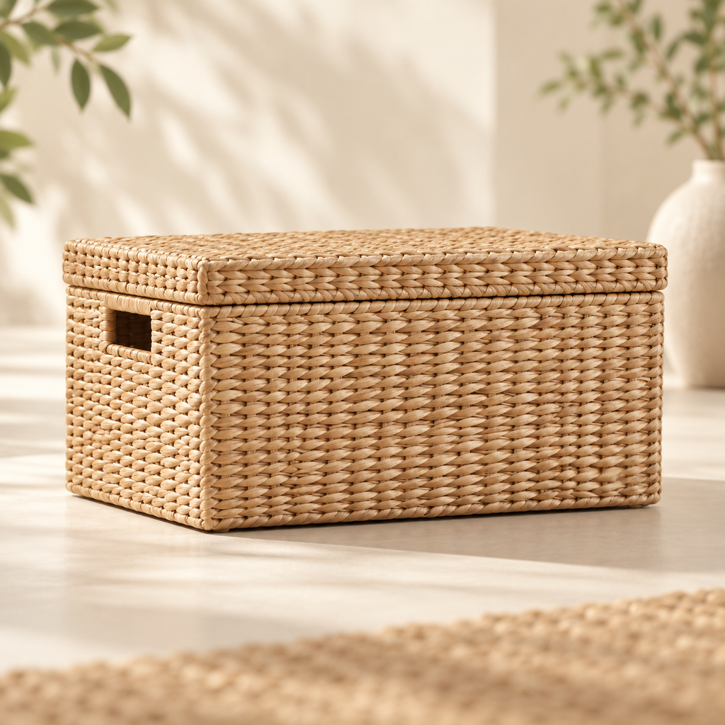 Lidded Storage Basket — AI concept, low profile studio view