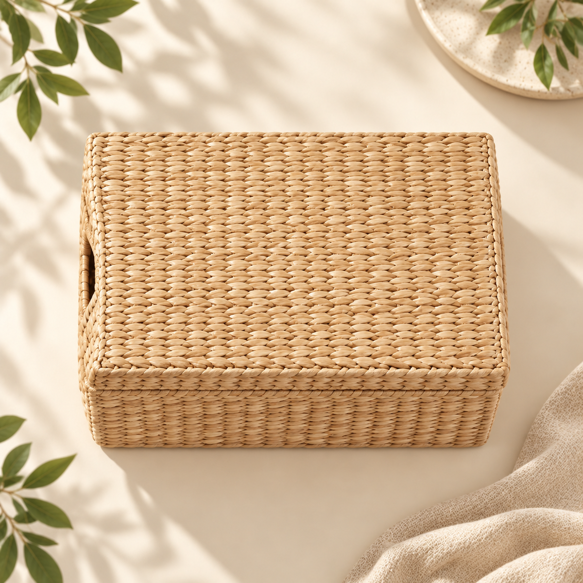 Lidded Storage Basket — AI concept, overhead studio view
