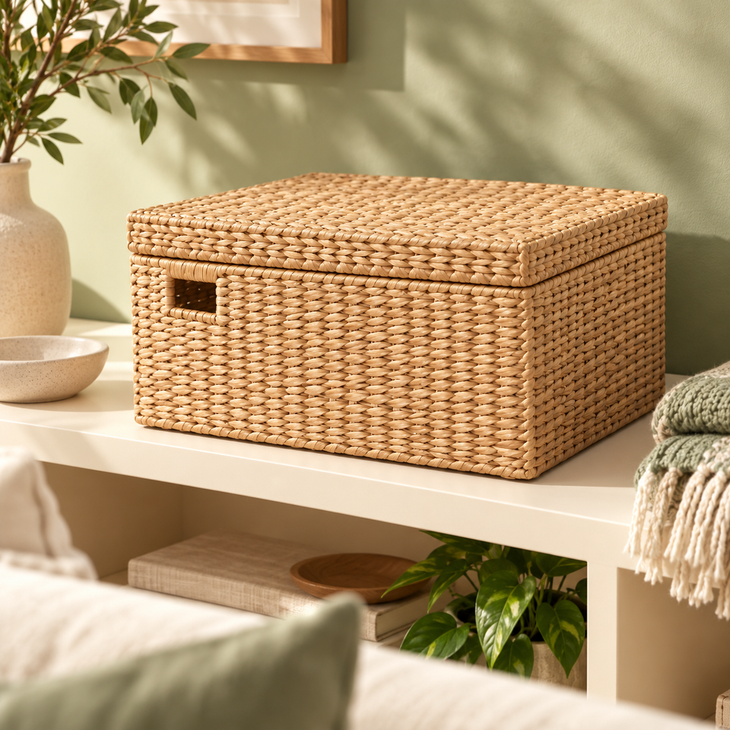 Lidded Storage Basket — AI concept, living-room shelf scene