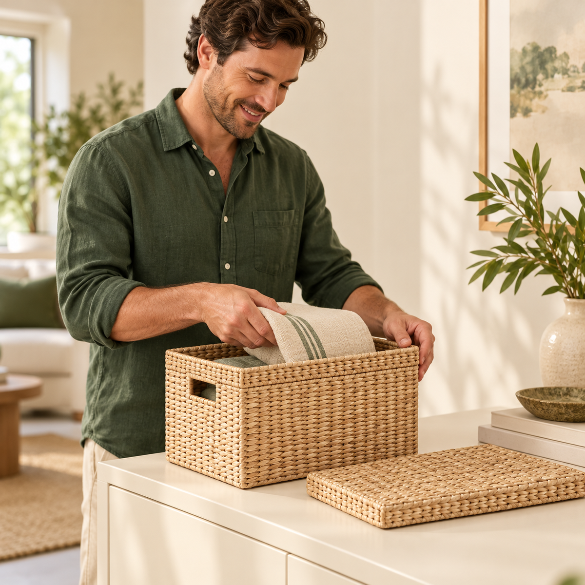 Lidded Storage Basket — AI concept, adult man organizing household linens