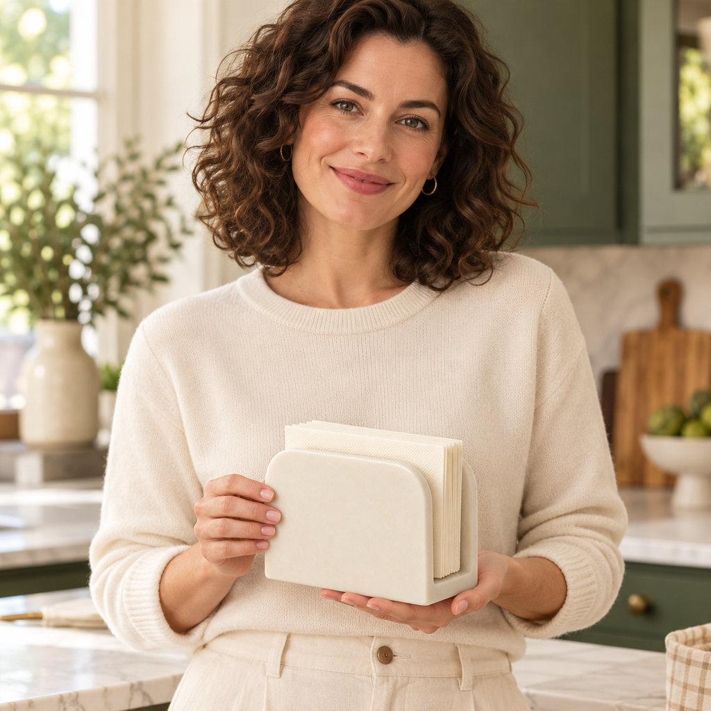 AI concept — adult woman holding ivory napkin holder; napkins are styling props