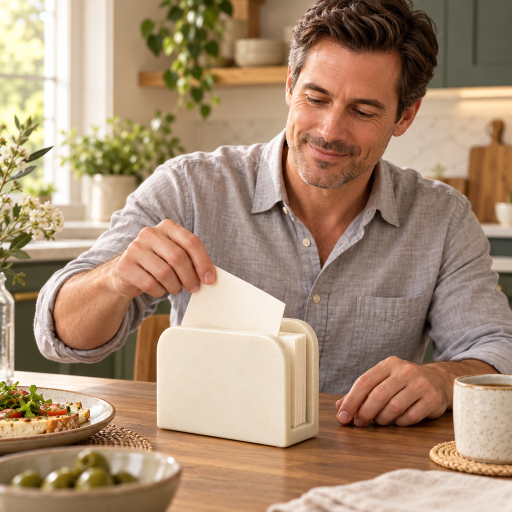 AI concept — adult man taking a napkin from ivory holder; napkins are styling props