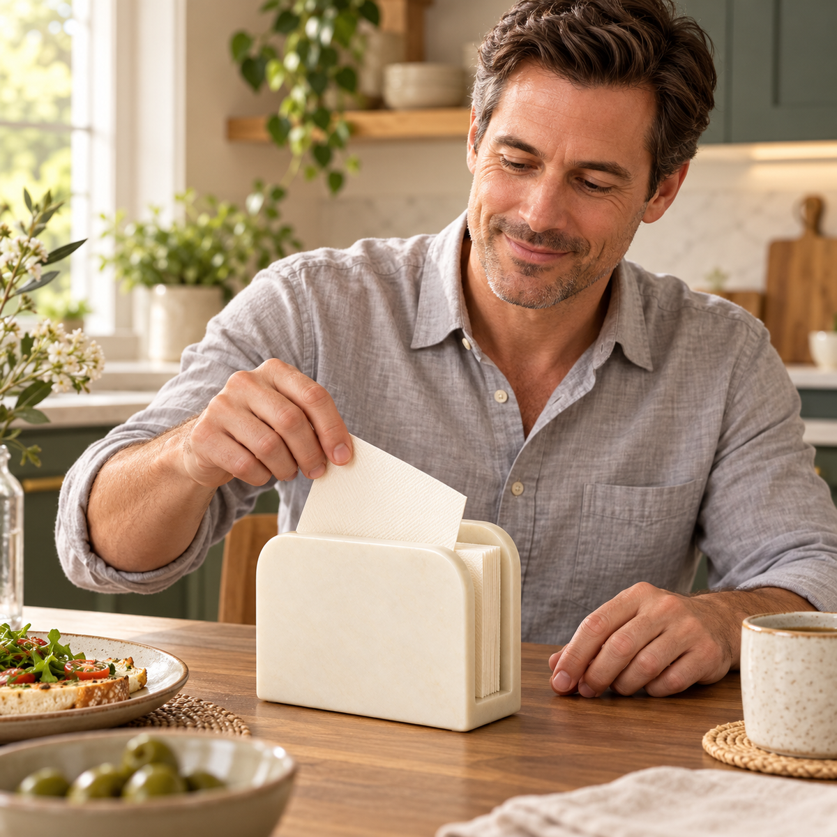 AI concept — adult man taking a napkin from ivory holder; napkins are styling props