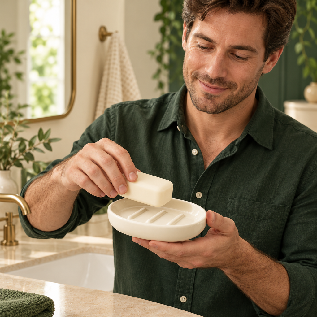 Countertop Soap Dish - AI concept male model placing soap in dish